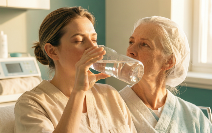 Paciente bebiendo agua en clinica prevencion golpe de calor